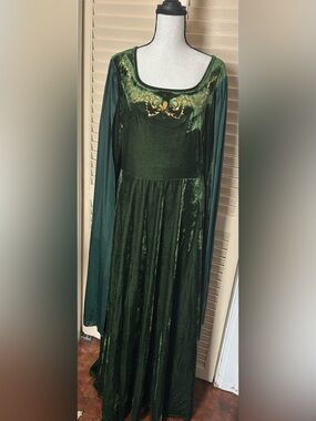 Medieval Renaissance Green Velvet Maxi Dress with Gold Embroidered Neckline New
